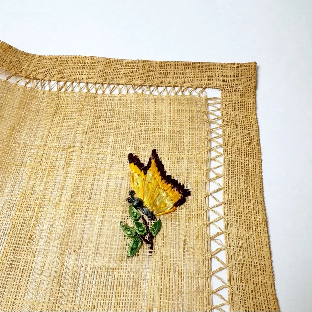 Vintage Woven Straw Embroidered Butterly Placemats